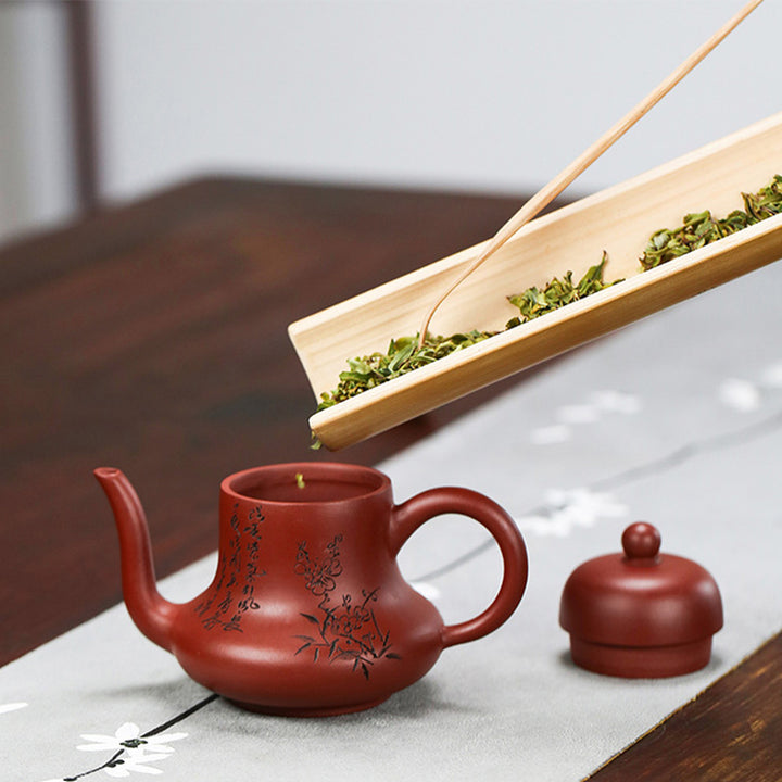 Tetera de kungfú de arcilla púrpura con flor de melocotón de bambú Vintage con Buddha Stones