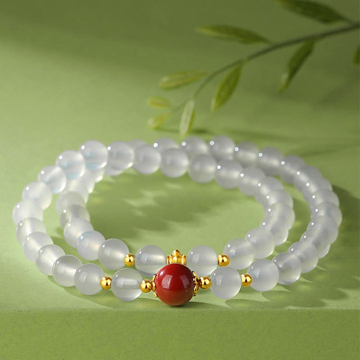 Pulsera de protección doble de cinabrio de ágata blanca natural de plata de ley 925 con Buddha Stones
