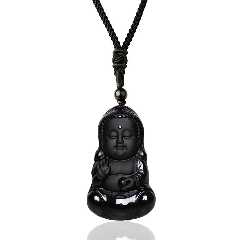 Buddha Stones de cristal de obsidiana negra natural, amuleto de protección de fuerza de Buda, collar con colgante de amuleto de la suerte - image 1