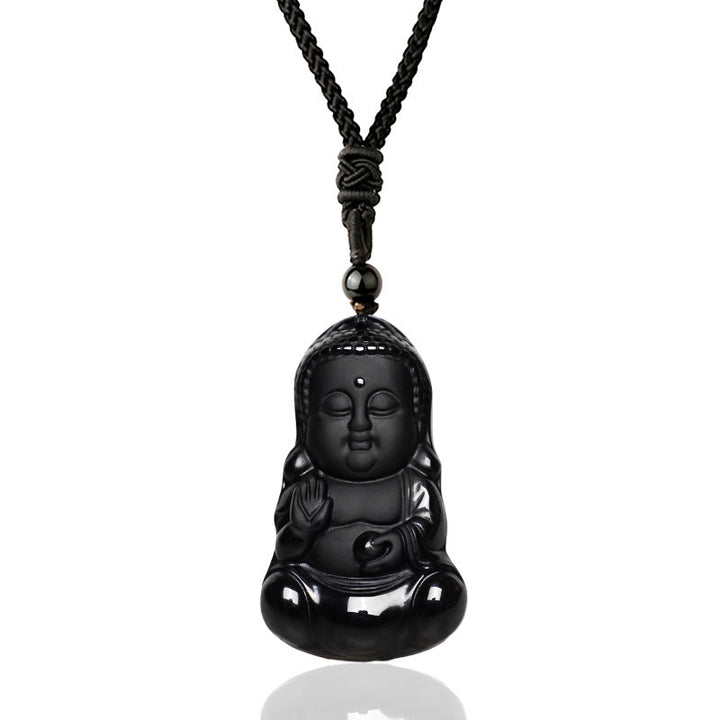 Buddha Stones de cristal de obsidiana negra natural, amuleto de protección de fuerza de Buda, collar con colgante de amuleto de la suerte - image 1