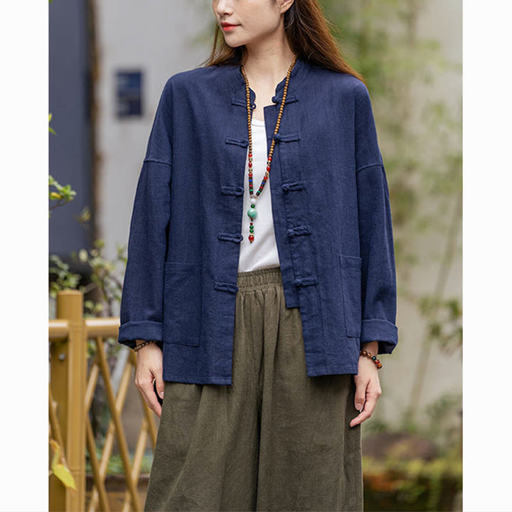 Camisa con diseño de botones de rana y Buddha Stones , ropa superior para meditación de Tai Chi, chaqueta de lino de ramio