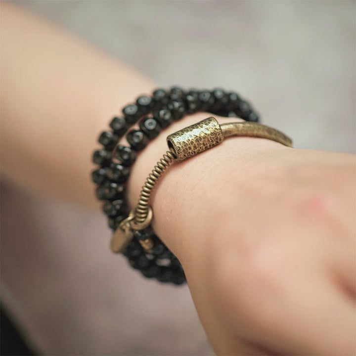 Pulsera de triple vuelta con Buddha Stones, concha de coco retro, latón y cobre. - image 9