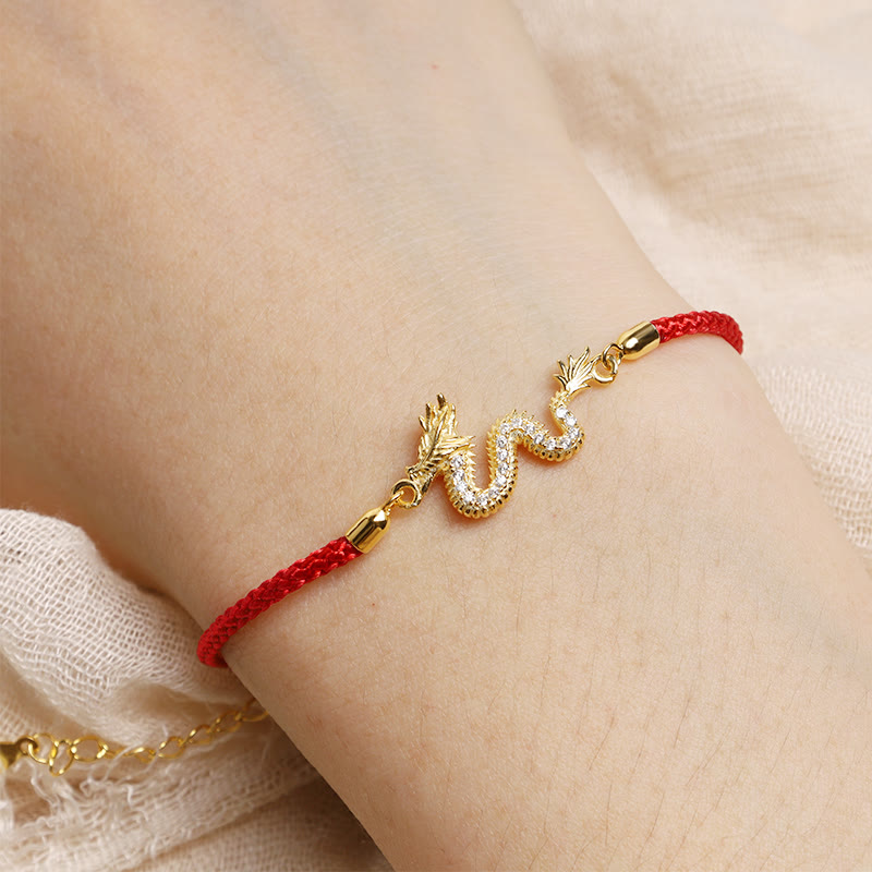 Pulsera de cadena de cuerda roja de la suerte del dragón dorado del Año del Dragón de Plata de Ley 925 con piedras de Buda