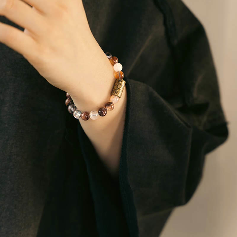 Buddha Stones Cristal blanco Cuarzo hematoide rojo Cuarzo rutilado dorado Pulsera de protección fantasma púrpura