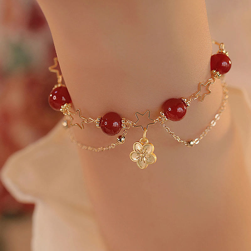 Pulsera tranquila con dije de flor de estrella de ágata roja chapada en oro de 14 Buddha Stones