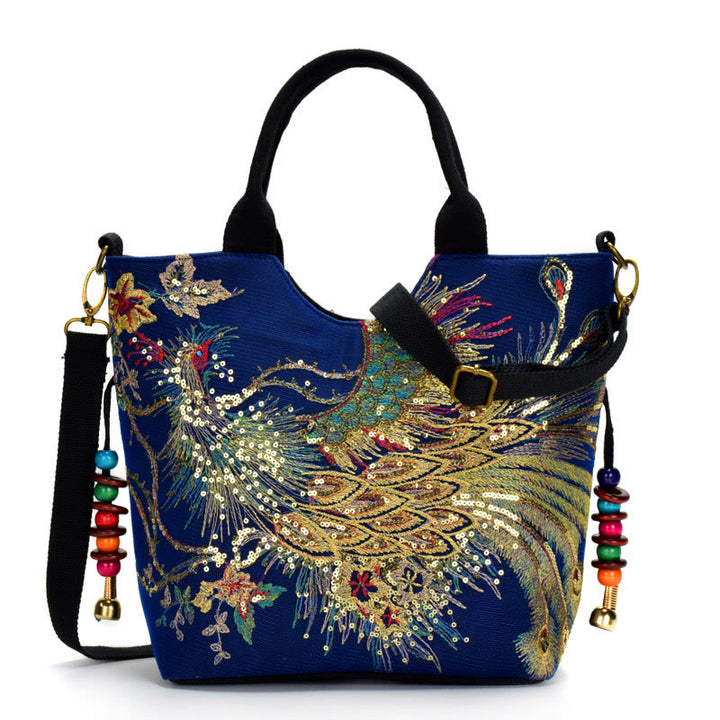 Bolso de mano con bordado de doble cara de pavo real con Buddha Stones, bolso bandolera
