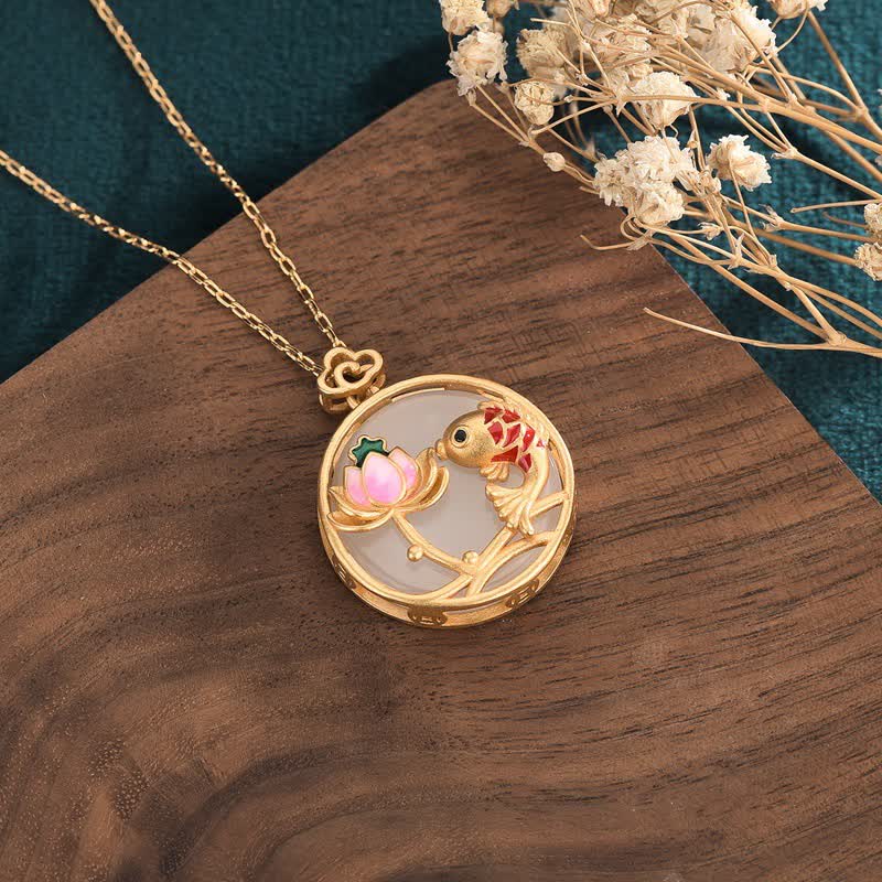 Colgante de collar de bendición de loto de pez koi de jade blanco - image 2
