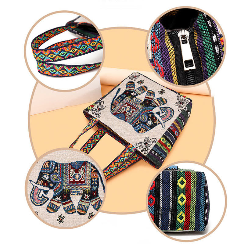 Bolso bandolera de lona de gran capacidad con bordado de mariposa y elefante