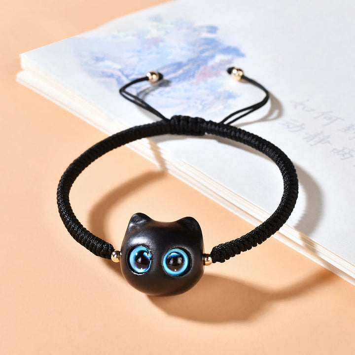 Pulsera trenzada con nudo de King Kong de la paz con patrón de cabeza de gato de madera de ébano con Buddha Stones - Cuerda negra (circunferencia de la muñeca: 14-18 cm) - image 14