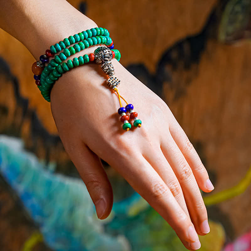 Pulsera de protección de cuentas Dzi de turquesa tibetana con 108 cuentas Mala