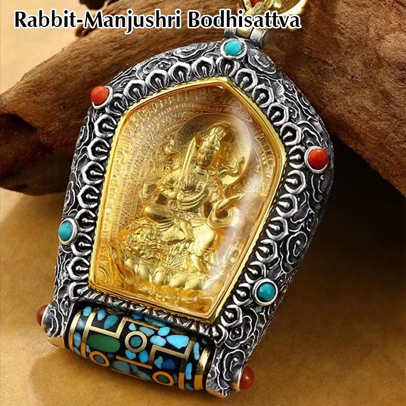 Colgante de collar de cuentas Dzi giratorio del zodiaco chino del Tíbet Buda natal Thangka prosperidad - Bodhisattva Conejo-Manjushri - image 6
