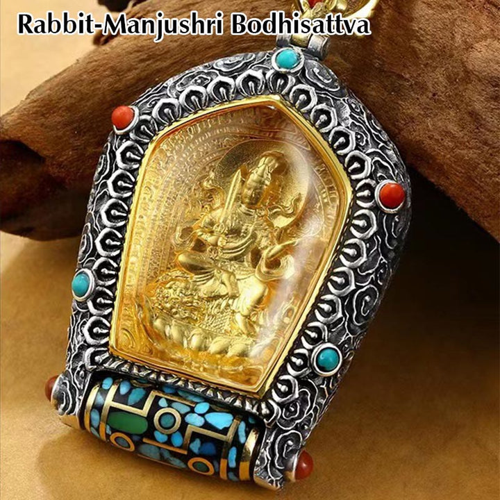Colgante de collar de cuentas Dzi giratorio del zodiaco chino del Tíbet Buda natal Thangka prosperidad - Bodhisattva Conejo-Manjushri - image 6