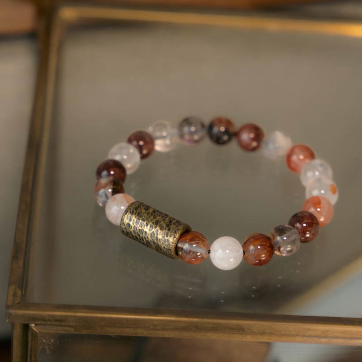 Buddha Stones Cristal blanco Cuarzo hematoide rojo Cuarzo rutilado dorado Pulsera de protección fantasma púrpura