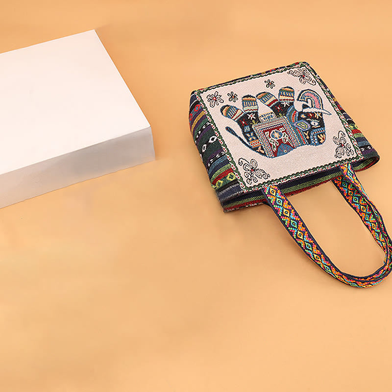Bolso bandolera de lona de gran capacidad con bordado de mariposa y elefante