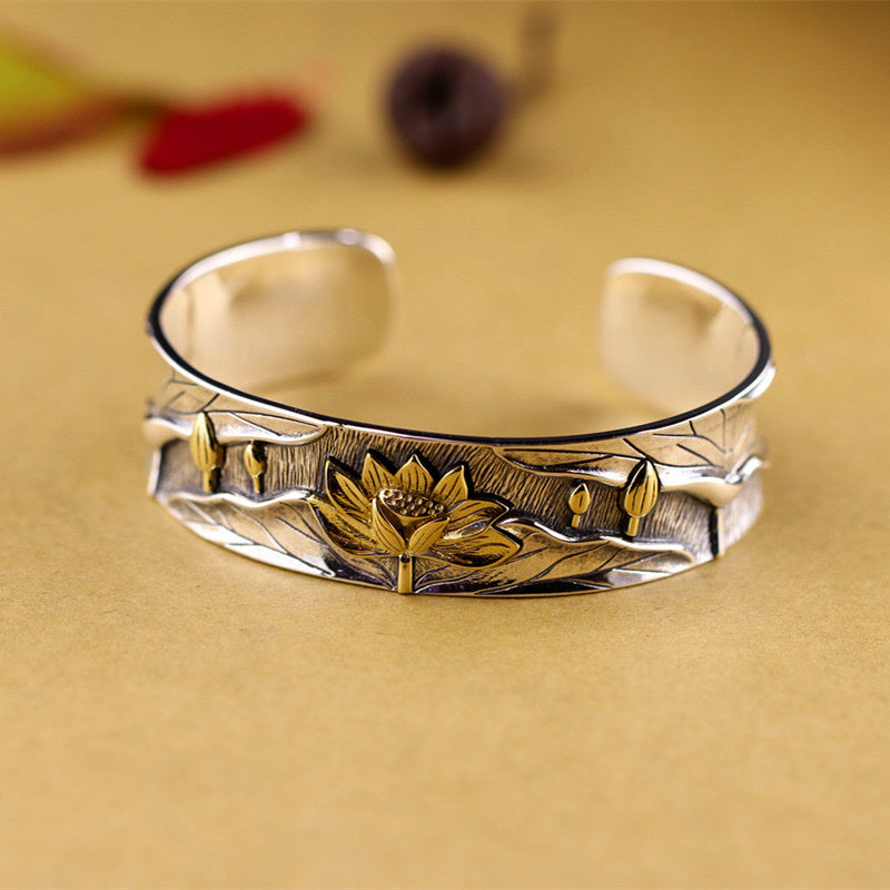 Pulsera ajustable con diseño de flor de loto de plata de ley 925 con Buddha Stones