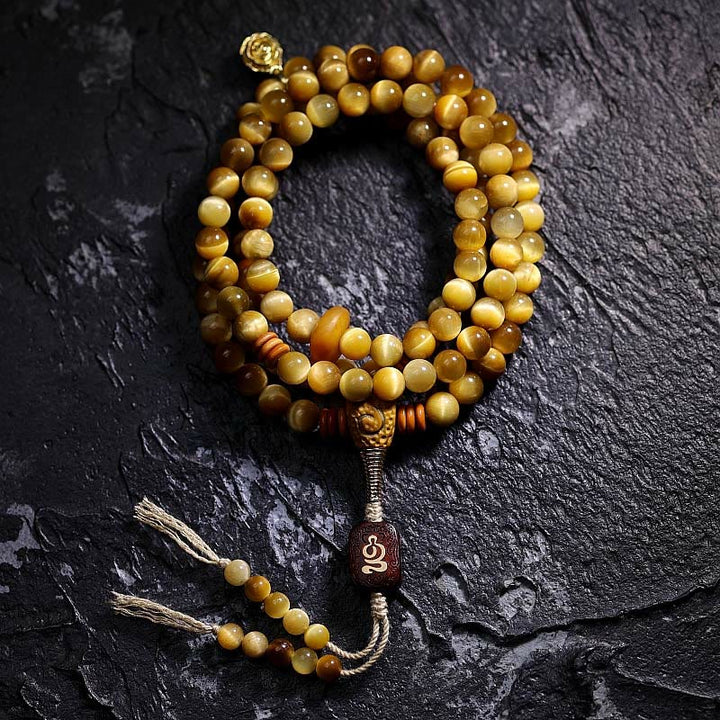 Pulsera con borlas de protección Dorje de cobre y ojo de tigre Natural, 108 cuentas de Mala , Buddha Stones