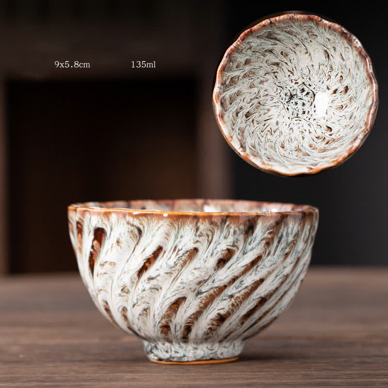 Tazas de té de cerámica con diseño de flor de melocotón y Buddha Stones