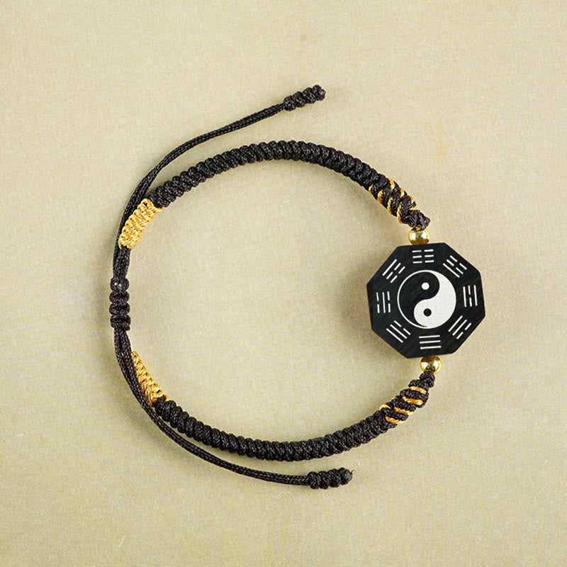 Buddha Stones hoja pequeña sándalo rojo madera de azufaifo madera de ébano plata con incrustaciones Yin Yang Bagua pulsera de protección de cazo grande