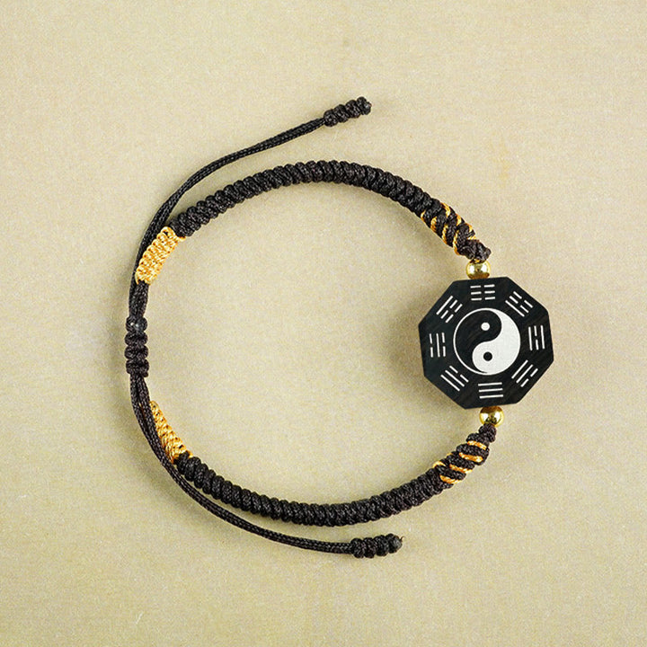 Buddha Stones hoja pequeña sándalo rojo madera de azufaifo madera de ébano plata con incrustaciones Yin Yang Bagua pulsera de protección de cazo grande
