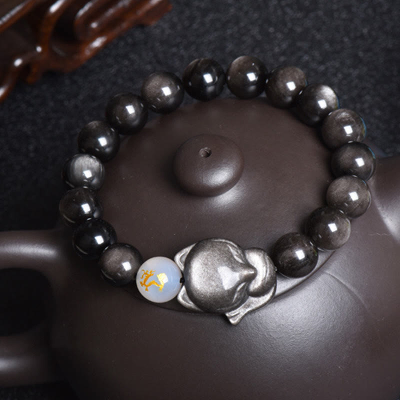 Buddha Stones Natural Arco Iris Obsidiana Oro Brillo Obsidiana Plata Brillo Obsidiana Zorro Curación Pulsera