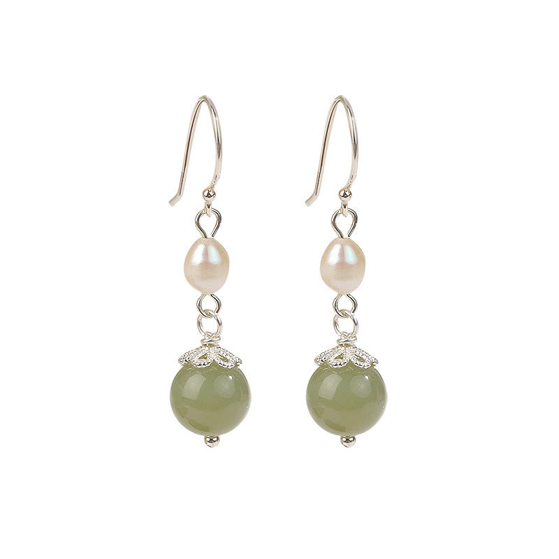 Pendientes de sabiduría de jade y perlas naturales de plata de ley 925 con Buddha Stones