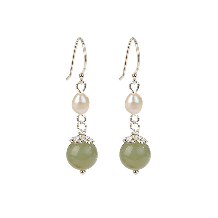 Pendientes de sabiduría de jade y perlas naturales de plata de ley 925 con Buddha Stones