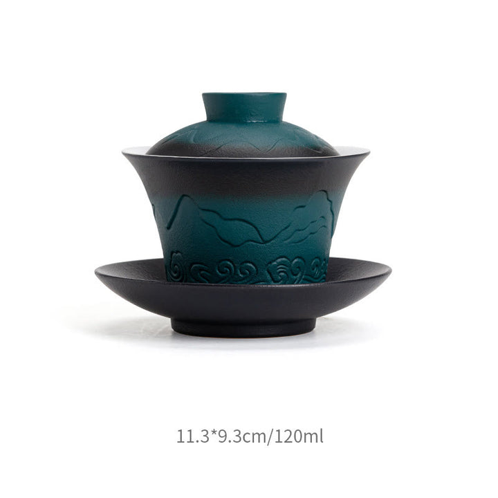 Taza de té de cerámica con gradiente de olas del mar, Retro Azul de Buddha Stones , Gaiwan Sancai, taza de té de Kung Fu y platillo con tapa