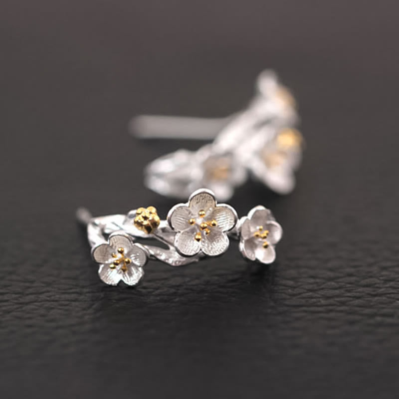 Pendientes de bendición floral de flor de ciruelo de plata de ley 925 con Buddha Stones