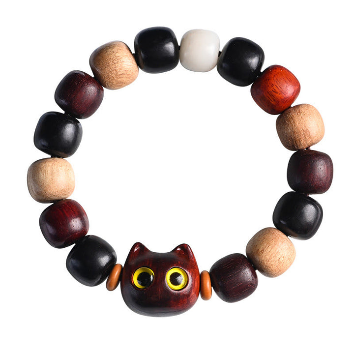 Pulsera de protección con grabado de gato lindo de madera de ébano de sándalo rojo de hoja pequeña con Buddha Stones - image 18