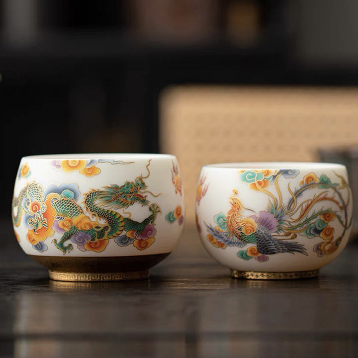 Taza de té de cerámica con nubes propicias, dragón, Fénix, Buddha Stones, taza de té de Kung Fu