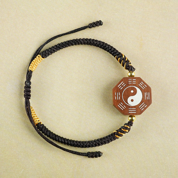 Buddha Stones hoja pequeña sándalo rojo madera de azufaifo madera de ébano plata con incrustaciones Yin Yang Bagua pulsera de protección de cazo grande