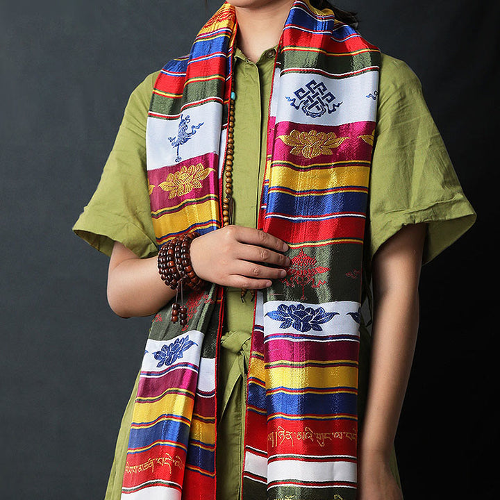 Bendición de la suerte tibetana, mantra de loto multicolor, decoración jacquard Khata - image 8