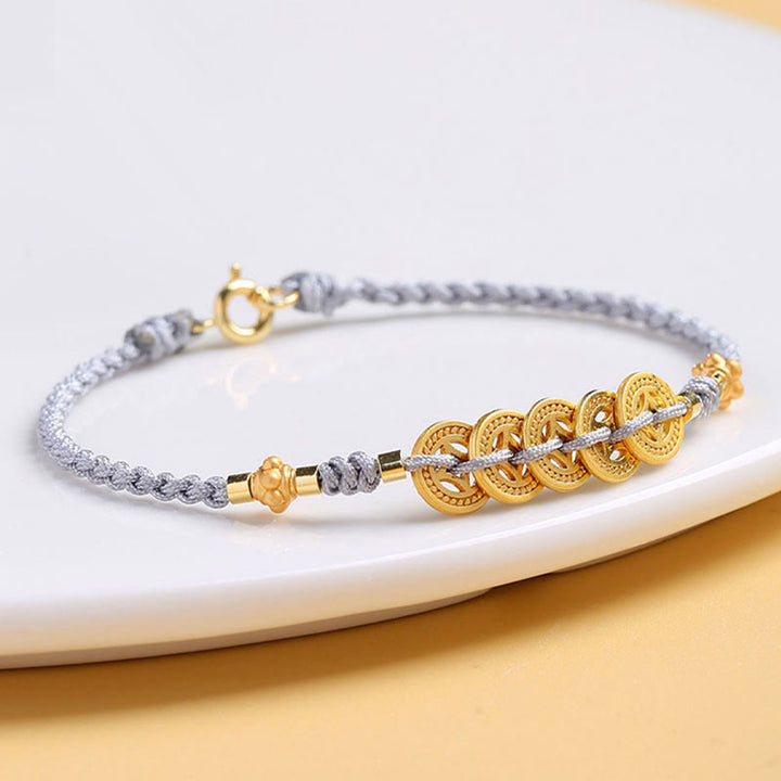 Pulsera trenzada de cuerda azul con Buddha Stones, moneda de cobre, árbol de la fortuna, perla, suerte