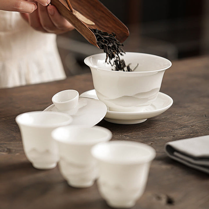 Buddha Stones Pintura De Tinta Vintage Montaña Porcelana Blanca Cerámica Gaiwan Sancai Taza De Té Kung Fu Taza De Té Y Platillo Con Tapa Utensilio De Té Tetera