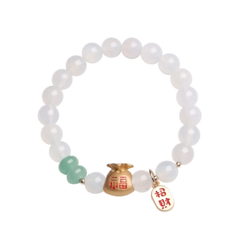 Buddha Stones Ágata blanca natural Ágata roja Bolsa de dinero Personaje Fu Pulsera de protección de trébol de cuatro hojas