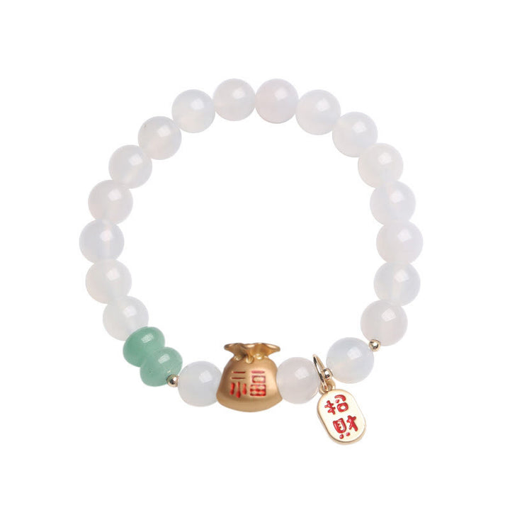Buddha Stones Ágata blanca natural Ágata roja Bolsa de dinero Personaje Fu Pulsera de protección de trébol de cuatro hojas