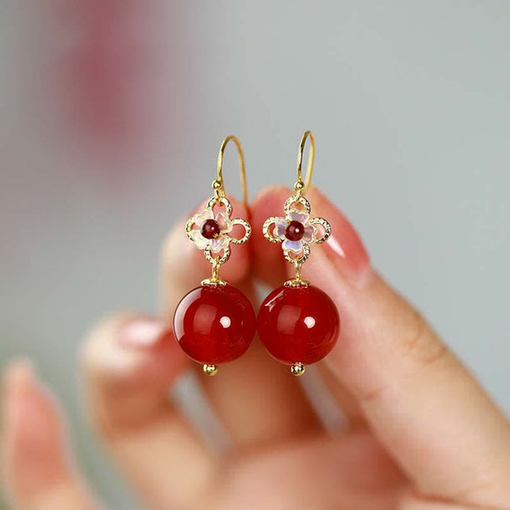 Pendientes de confianza con cuentas de flor de ágata roja de plata de ley 925 con Buddha Stones