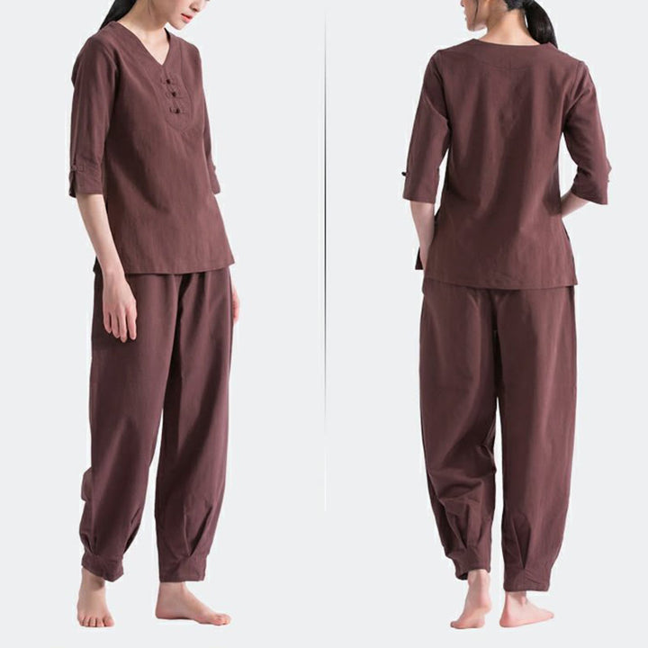 Conjunto de ropa de lino y algodón con diseño de cuello en V para mujer, uniforme de práctica Zen, Buddha Stones, Yoga, meditación y oración