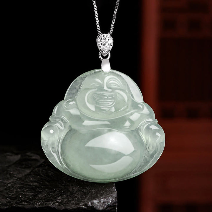 Buddha Stones Plata de Ley 925 Jade Natural Buda sonriente prosperidad abundancia cadena collar colgante