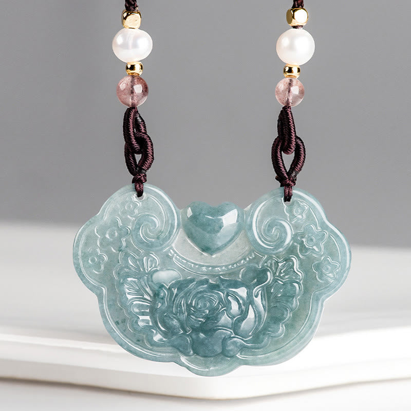 Buddha Stones Natural Jade Peonía Flor Candado de Buenos Deseos Prosperidad Collar Colgante