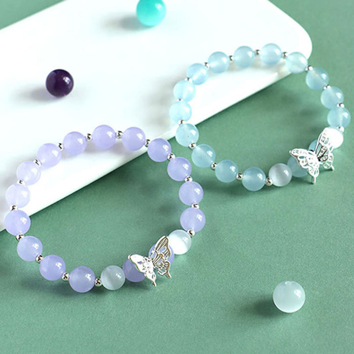 Buddha Stones Calcedonia Azul Cristal Rosa Calcedonia Púrpura Mariposa Pulsera Energética