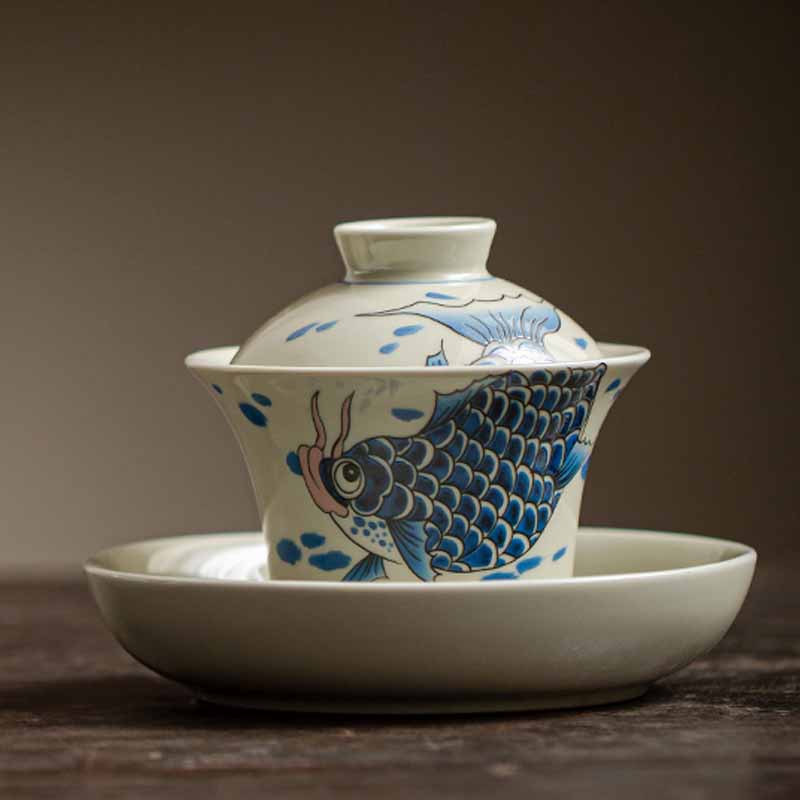 Buddha Stones Koi Arowana cerámica Gaiwan Sancai taza de té Kung Fu con tapa 130ml