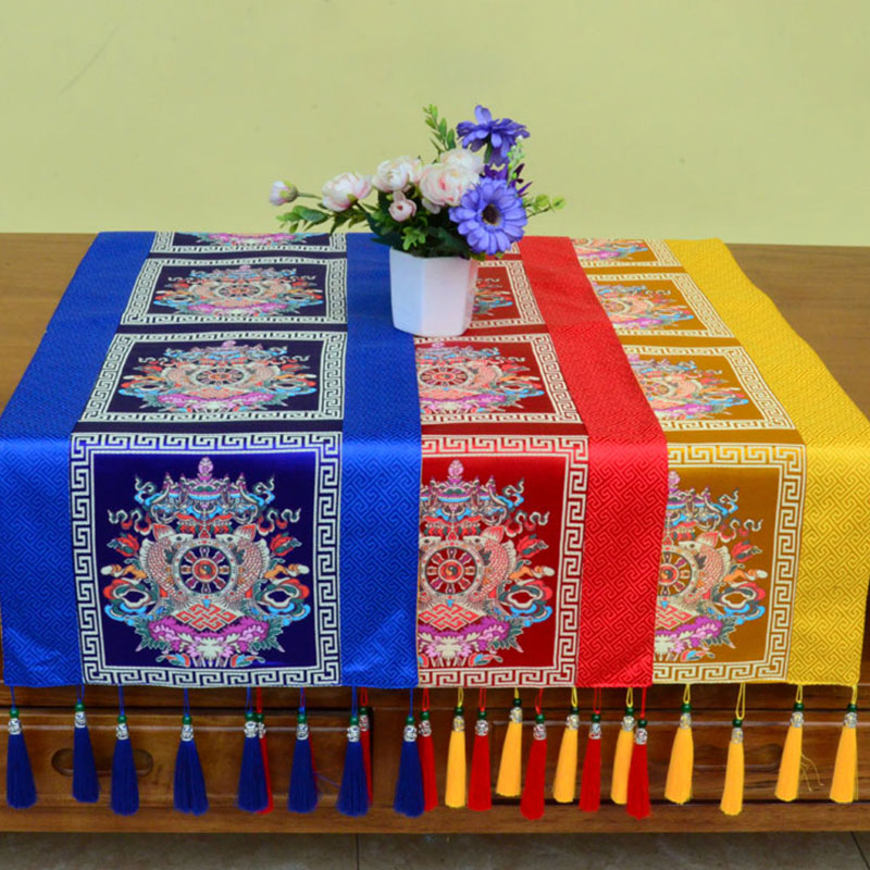 Tapete para altar de oración con Buddha Stones , Man-Bcu, Kalachakra, nudo sin fin, Vajra, símbolos propicios tibetanos, camino de mesa con borlas