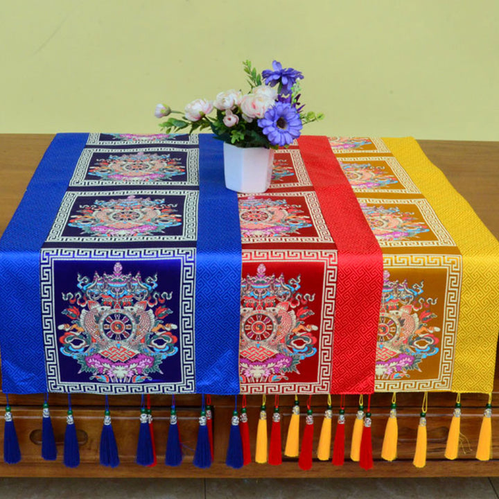 Tapete para altar de oración con Buddha Stones , Man-Bcu, Kalachakra, nudo sin fin, Vajra, símbolos propicios tibetanos, camino de mesa con borlas