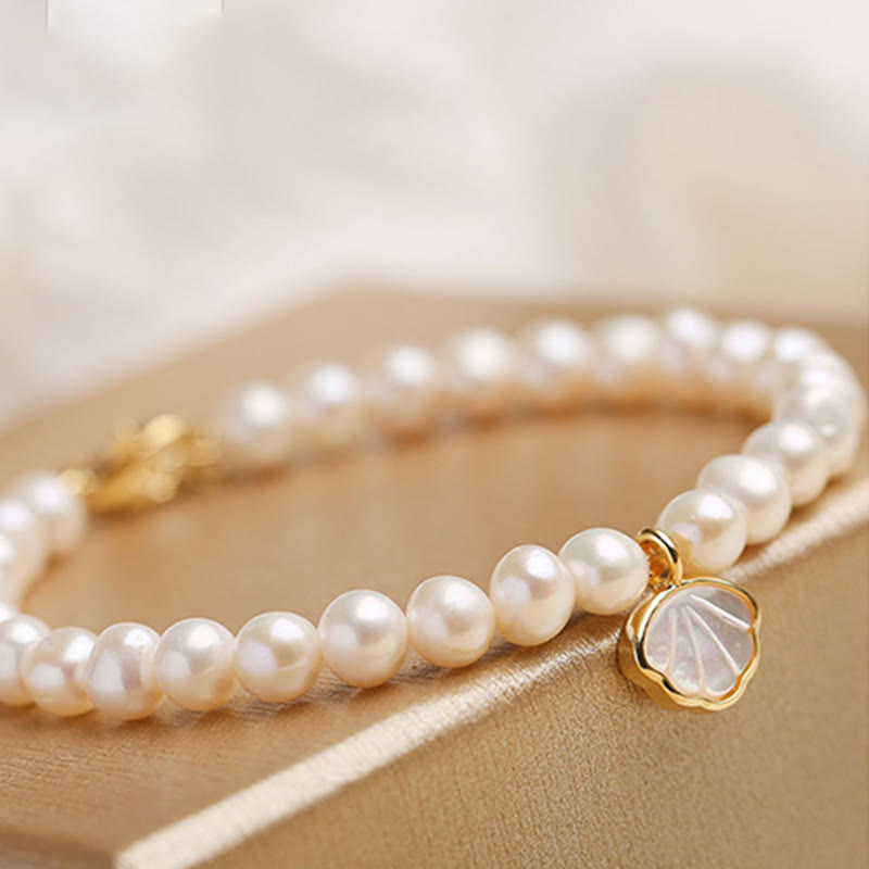 Pulsera de cuentas con dije de concha de cristal y perlas naturales chapadas en oro de 14 quilates con Buddha Stones