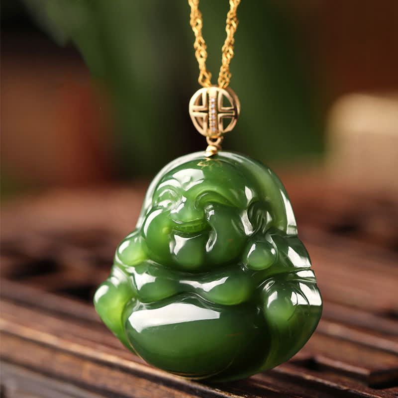 Colgante de cadena de collar de éxito de oro de 18 quilates con jade cian hetiano de Buda sonriente de plata de ley 925 - image 5