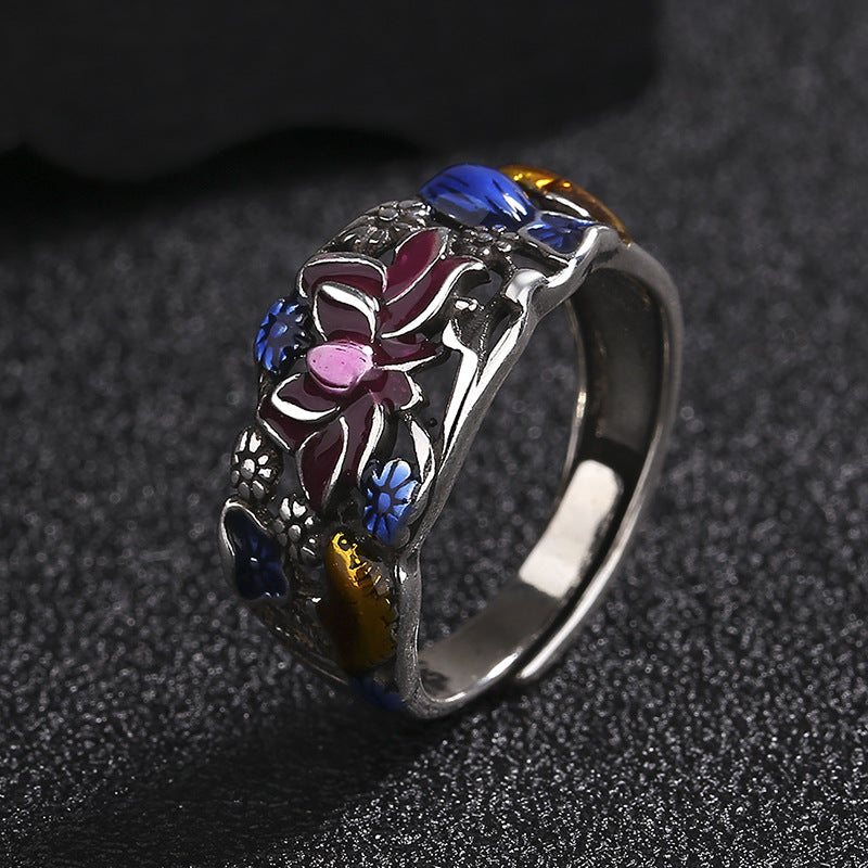 Anillo de riqueza de la suerte con diseño de hojas de flor de loto y peces Koi de Buddha Stones