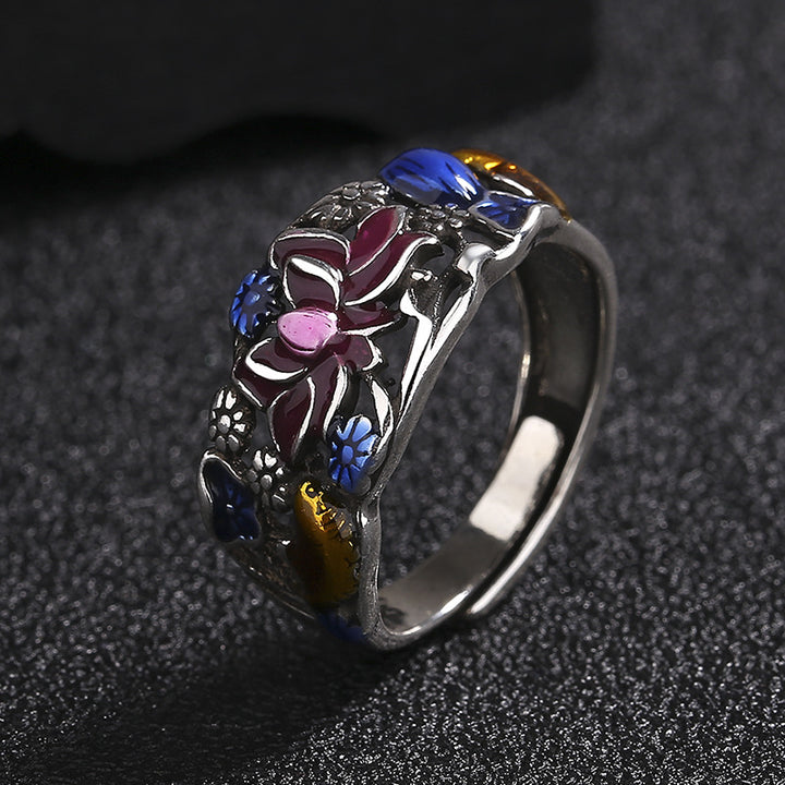 Anillo de riqueza de la suerte con diseño de hojas de flor de loto y peces Koi de Buddha Stones
