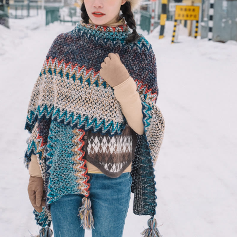 Mantón tibetano de Buddha Stones , bufanda cálida con borlas y patrón ondulado azul, Beige y rojo para invierno