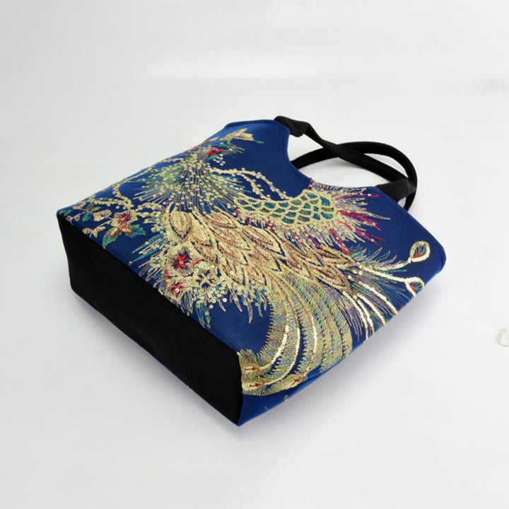 Bolso de mano con bordado de doble cara de pavo real con Buddha Stones, bolso bandolera